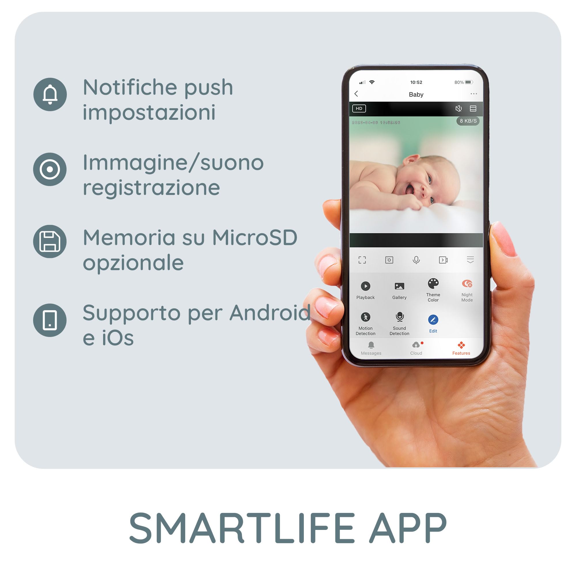 Alecto Smartbaby5 - Babymonitor con fotocamera - Wi-Fi baby monitor con fotocamera - funzione interfono - visione notturna a infrarossi - rilevatore di movimento - controllo app - risoluzione HD -
