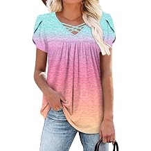 onlypuff Womens Tops Short Sleeve Shirts for Women V Neck Summer Tunic Tops Ladies Blouses Casual Loose Fit