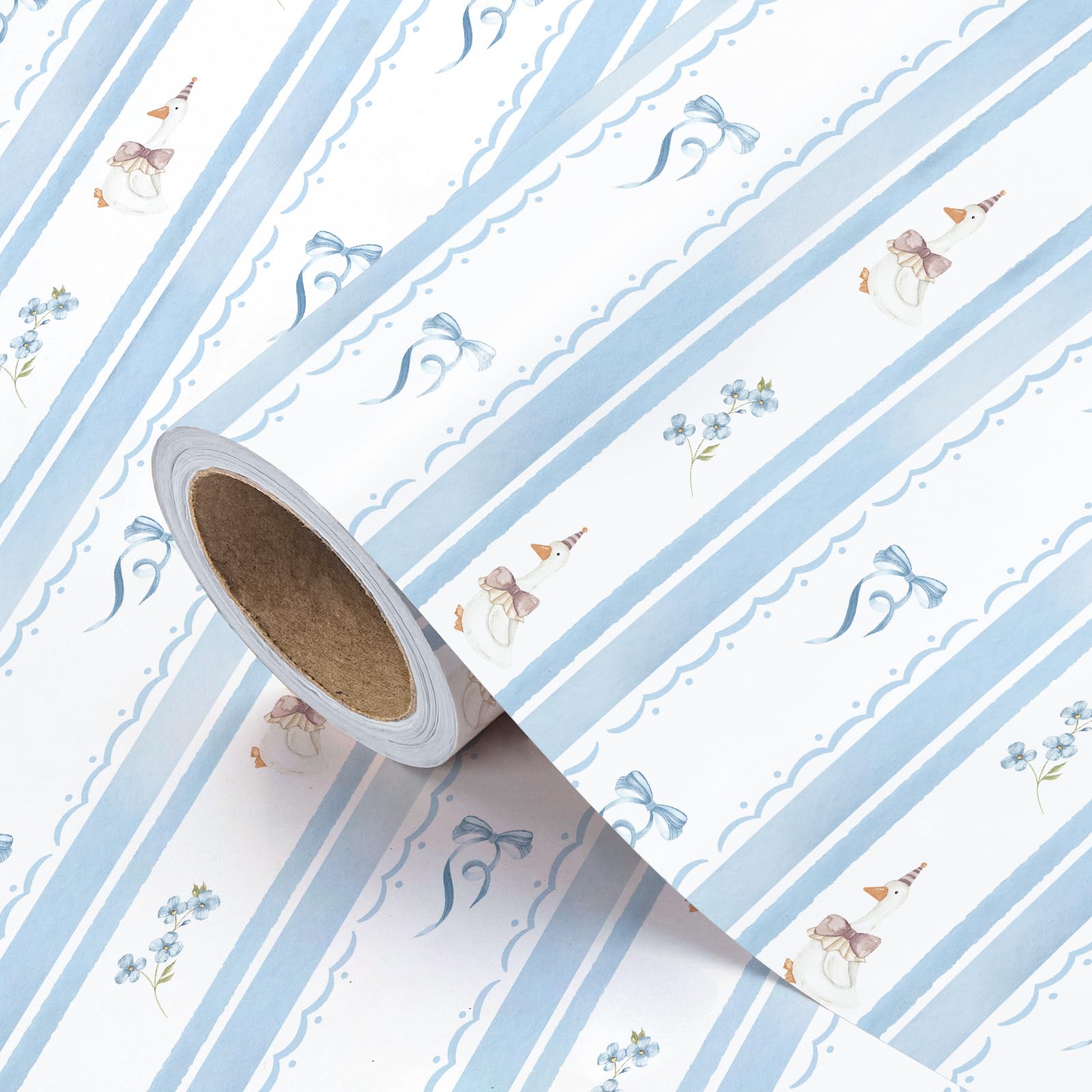 RUSPEPA Baby Shower Wrapping Paper Roll - Mini Roll - 43.2cm x 5m - Watercolor Blue Bow Goose Baby boy Wrapping Paper for Kids Boys Birthdays, Newborn Celebration, Gender Reveal โ image 1