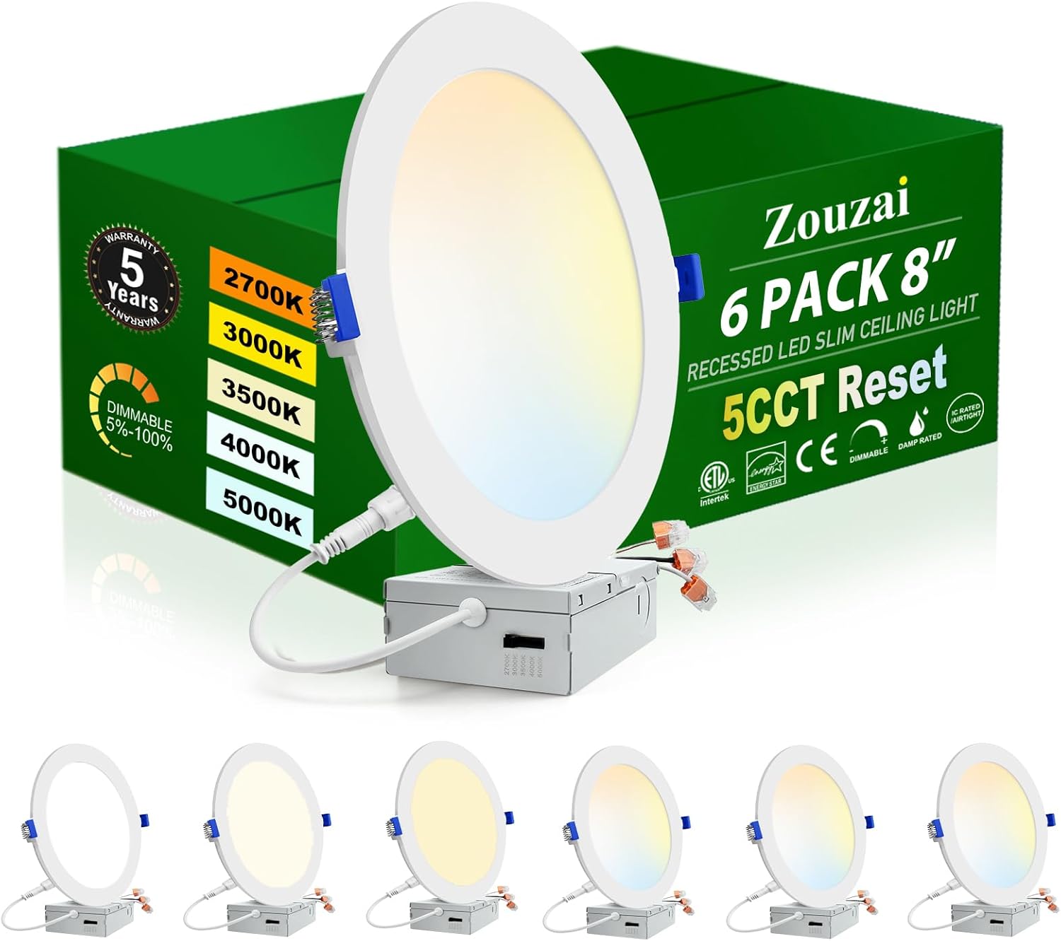 zouzai 6 Pack 8 Inch 5CCT Ultra-Thin LED Recessed Ceiling Light with Junction Box, 2700K/3000K/3500K/4000K/5000K Selectable, 18W 1685 LM, Dimmable, led can Lights - ETL and Energy Star Certified
