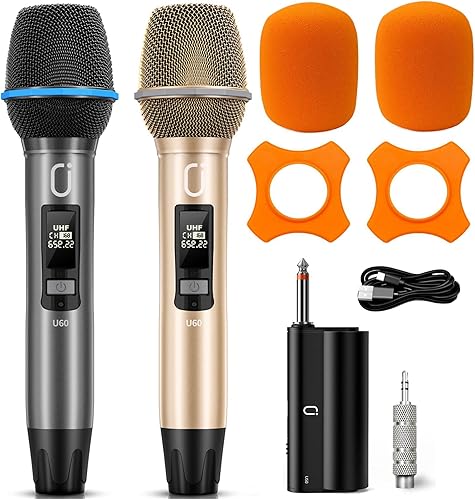 Miniatura 9 de Micrófonos inalámbricos para karaoke micrófono de karaoke profesional dual para cantar, sistema de micrófono UHF dinámico recargable con receptor