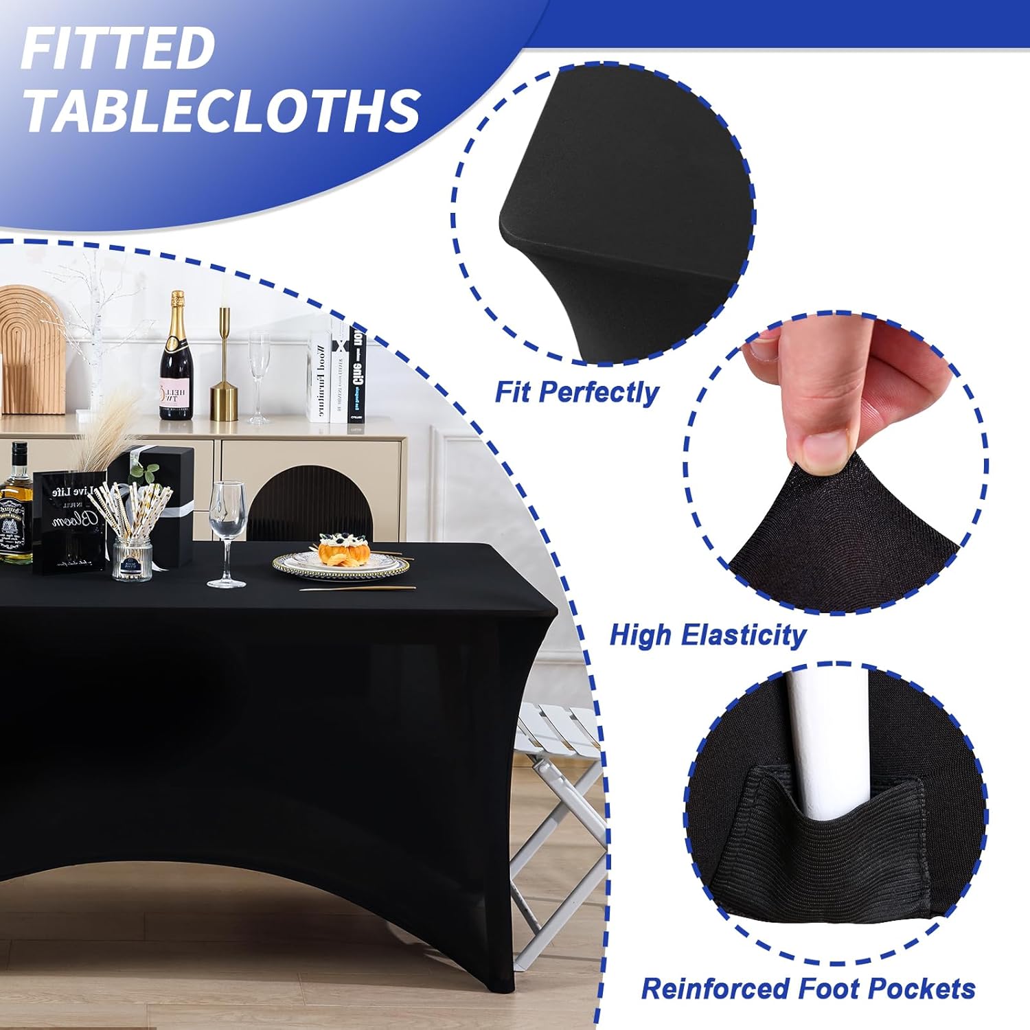 Fixwal 3 Pack Black Tablecloth Rectangle 8Ft, Stretch Spandex Fitted Table Cover for Party, Trade Show, Wedding, Buffet, Graduation, Vendor Stand