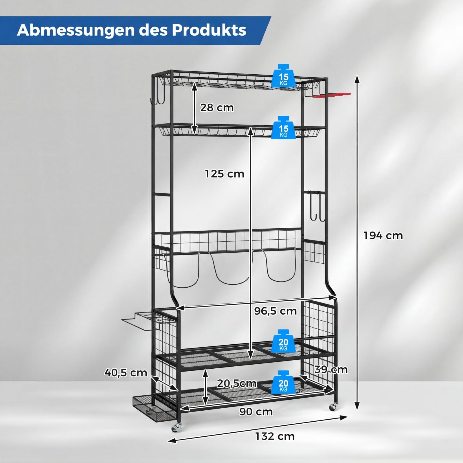 COSTWAY Golf Organizer, Golfschläger-Organizer mit abnehmbaren Rollen, Golf Aufbewahrung mit 4 Haken, 2 Körben & seitlichem Regal für 3 Golftaschen, Golftaschenregal aus Metall für Keller, Club