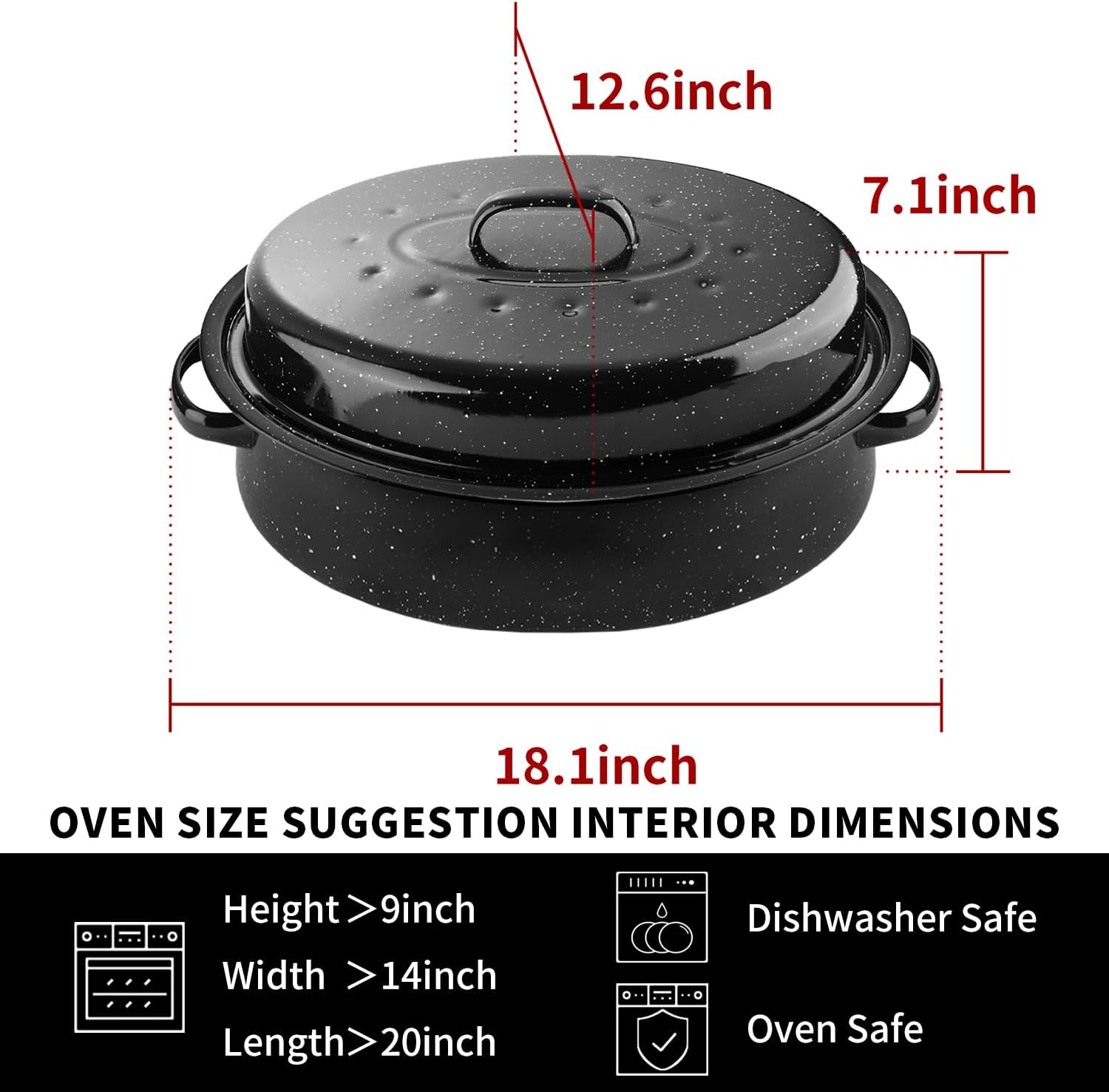 18Inch Roasting Pan, Enamel on Steel, Black Covered Oval Roaster Pan with Lid, Large Cookware for Turkey, Small Chicken, Roast Baking Pan. - Image 4