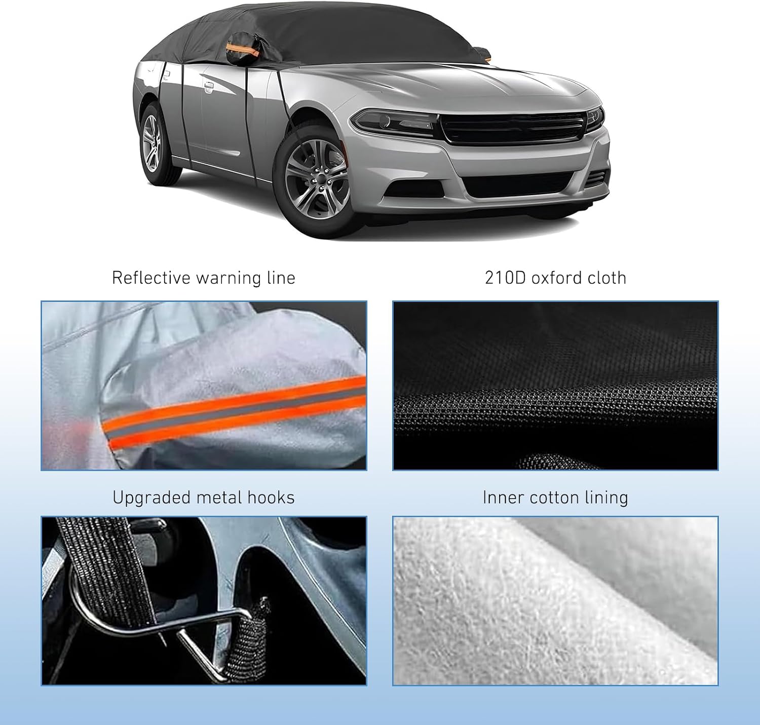 Half Car Cover, Thickened Car Sunshade, Sun Protection & Waterproof All Weather Protective Shield with Fixed Hooks, Universal for Most Vehicles (Black)