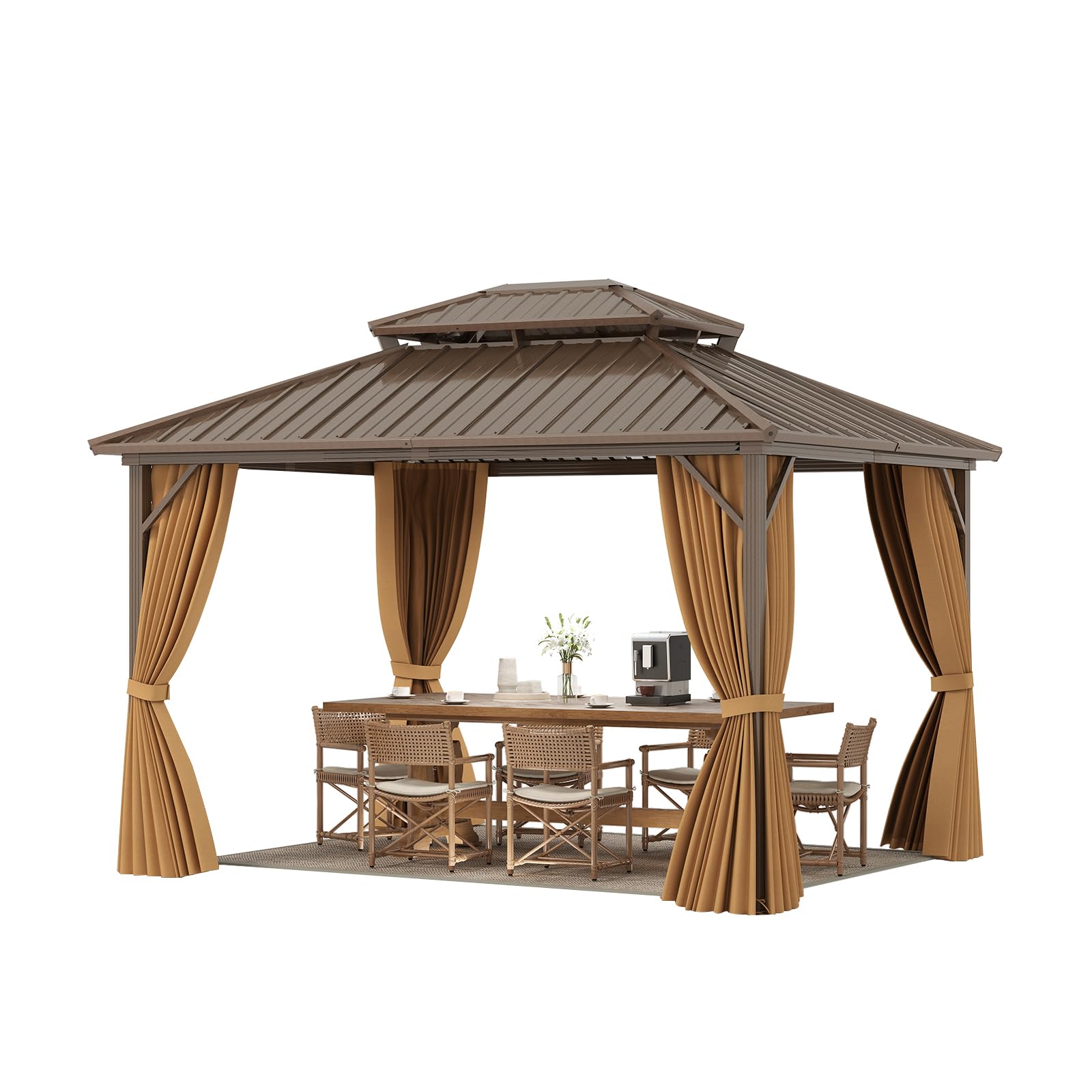 COSTWAY Carpa de Jardin 354 x 294 cm, Pabellón con 4 Mosquiteras, Cortinas, Techo Metálico Doble Galvanizado, Estructura de Aluminio, Cenadores para Jardin Terraza