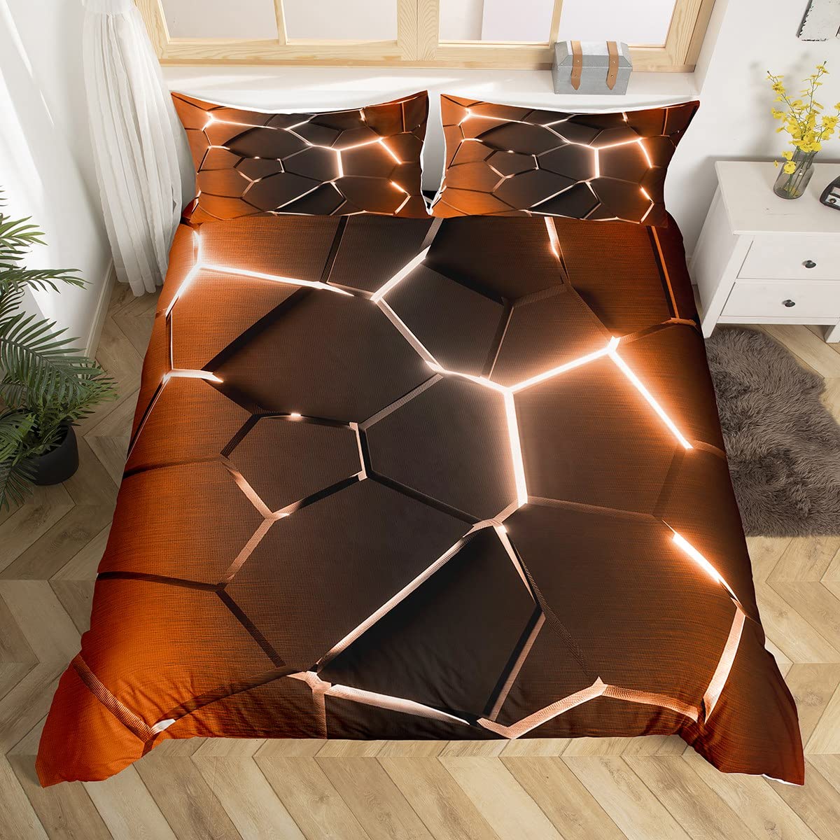 Homemissing Boys Multicolored 13226 Honeycomb Bedding Set Hexagonal Ombre Orange Comforter Cover For Kids Girls Geometrical Duvet Cover Breathable Beehive Vintage Modern Geometric Bedspread Cover Single