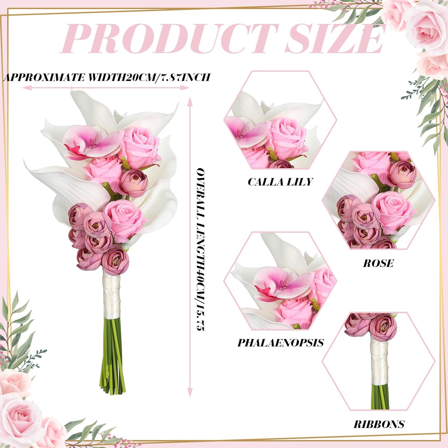 Tigeen 19 Stems Floral Bouquet Artificial Calla Lilies with Artificial Rose Flowers & Phalaenopsis, Bridesmaid Bouquet for Wedding Ceremony Festivals Anniversary Bridal Rehearsal Party Bar Table Decor