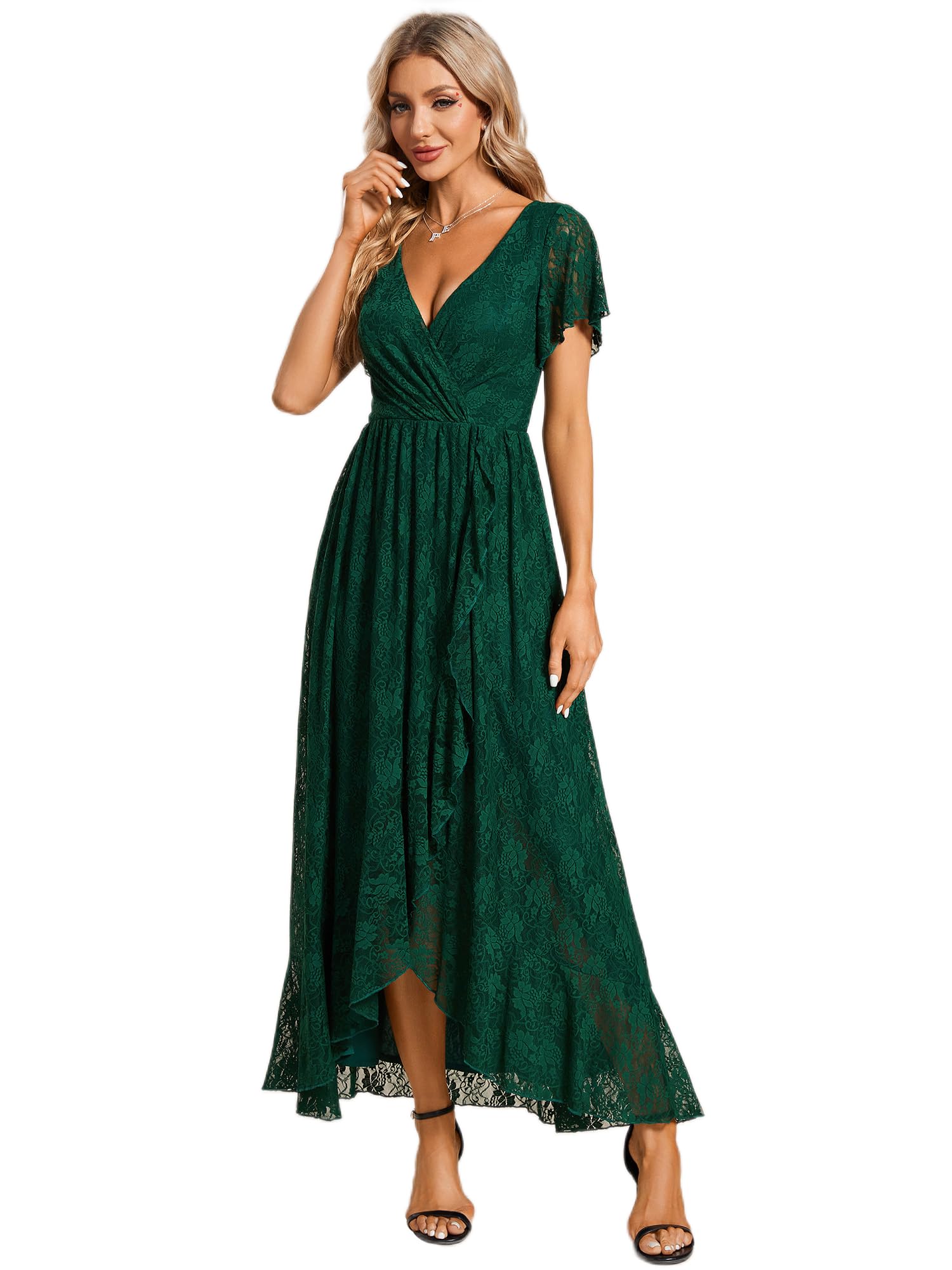 Ever-Pretty Vestito da Sera Donna Lungo Pizzo Scollo a V Maniche Corte Semplice Abiti da Sera EE01489