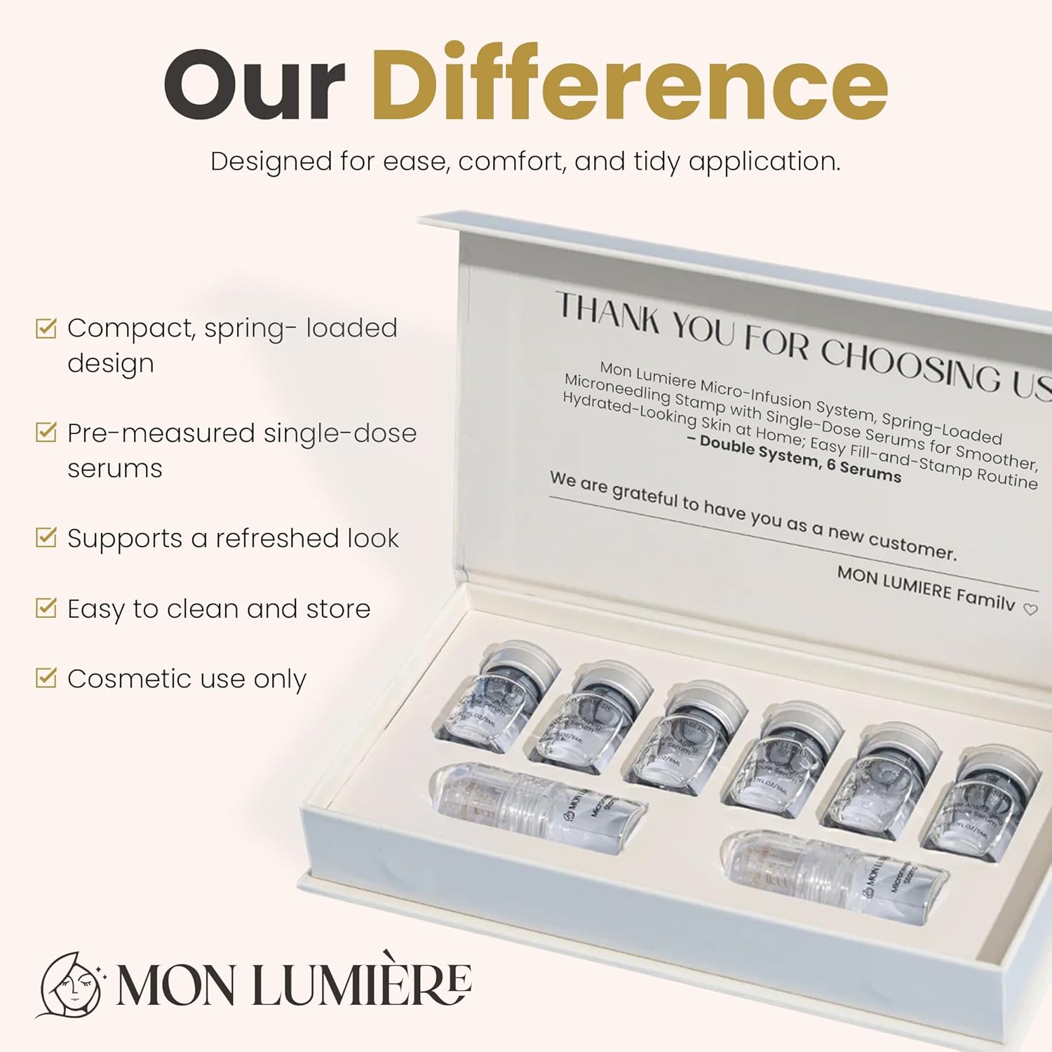 Mon Lumiere Micro-Infusion System - 0.25mm Gold Derma Spring-Loaded Stamp with PDRN & Peptides - At-Home Facial Kit for Collagen Boost & Fine Lines - Includes 6 Single-Dose Serums - Starter Kit - Image 6
