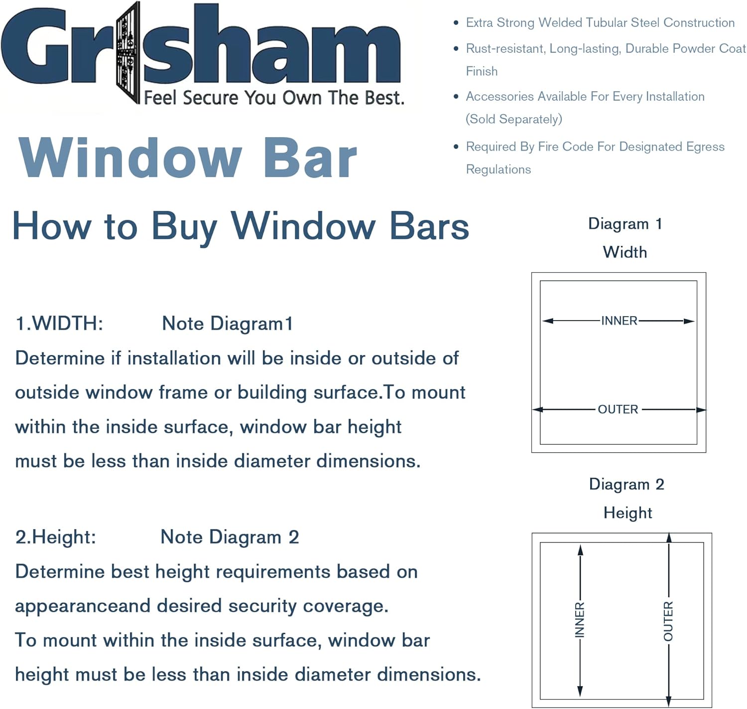 Grisham Spear Point Heavy-Duty Window Bars (White, 30"X54") Window Safety Guards for Childen, Outdoor Prevent Burglary Window Security Bars
