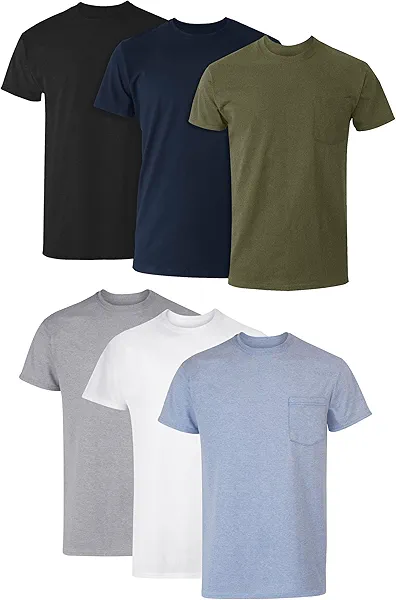 Hanes Men's T-Shirt, Moisture-Wicking Cotton Crewneck Pocket Tees, 6-Pack, Grey Heather, Black, White, Navy, Blue Heather