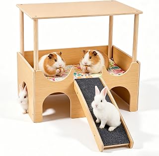 Meerschweinchen Haus aus Holz, 38 x 35 x 26 cm Meerschweinchen Versteck mit Treppe und Matten, Versteck für Kleine Haustiere Hamster Chinchillas Zwerg Degus Stachelmäuse Kaninchen