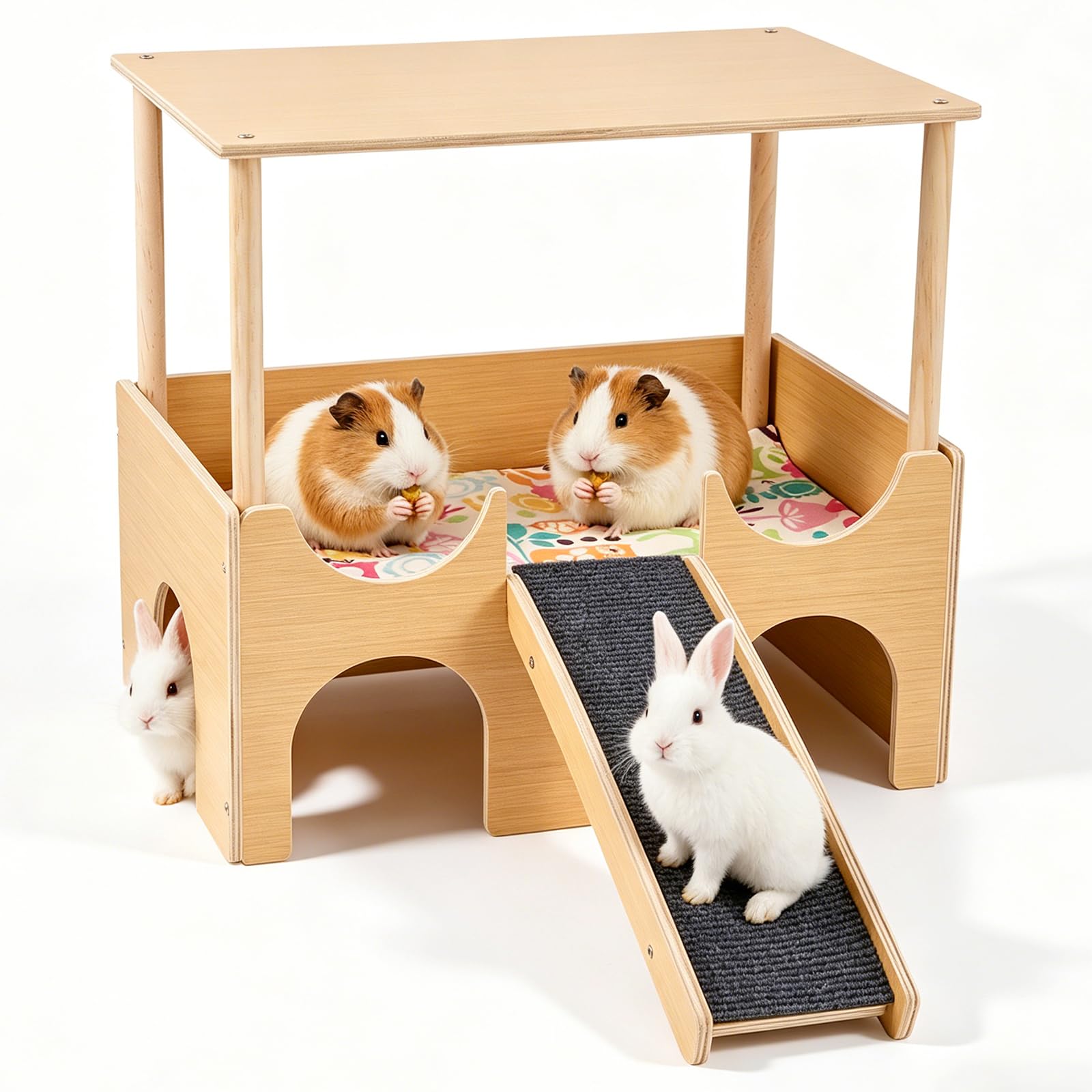 Meerschweinchen Haus aus Holz, 38 x 35 x 26 cm Meerschweinchen Versteck mit Treppe und Matten, Versteck für Kleine Haustiere Hamster Chinchillas Zwerg Degus Stachelmäuse Kaninchen