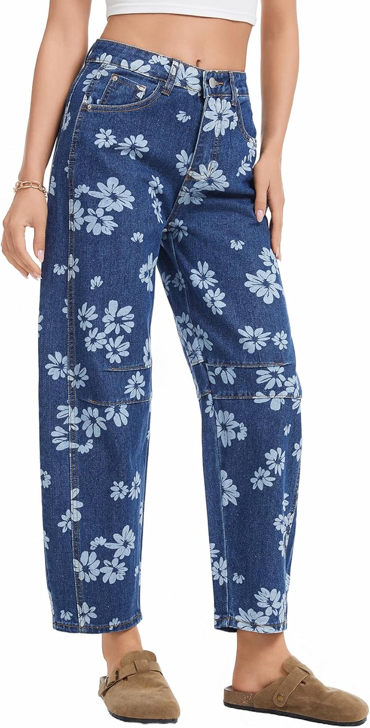 Barrel Jeans for Women Baggy Floral Print Mid Rise Wide Leg Denim Pants Loose Y2k Boyfriend Jeans