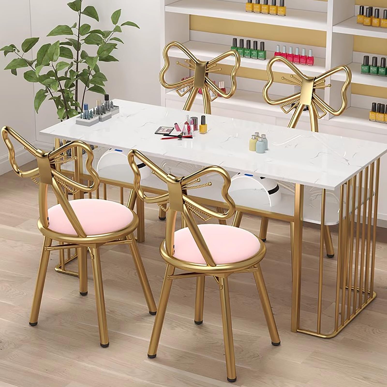 Silla de Maquillaje con Respaldo de Hierro Forjado, Multifuncional, con Lazo de Mariposa, para Dormitorio, Sala de Estar, Cocina (Color: Rosa)