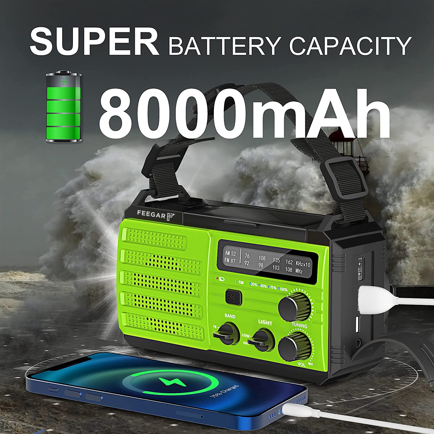 Feegar Oze 3 Pro Tragbar Solar Kurbelradio Notfall Handkurbel Wetter Radio mit AM/FM, 8000mAh Hand kurbel Notfall Radio Taschenlampen Bewegungssensor Leseleuchte USB Handy-Lader, SOS-Alarm Camping