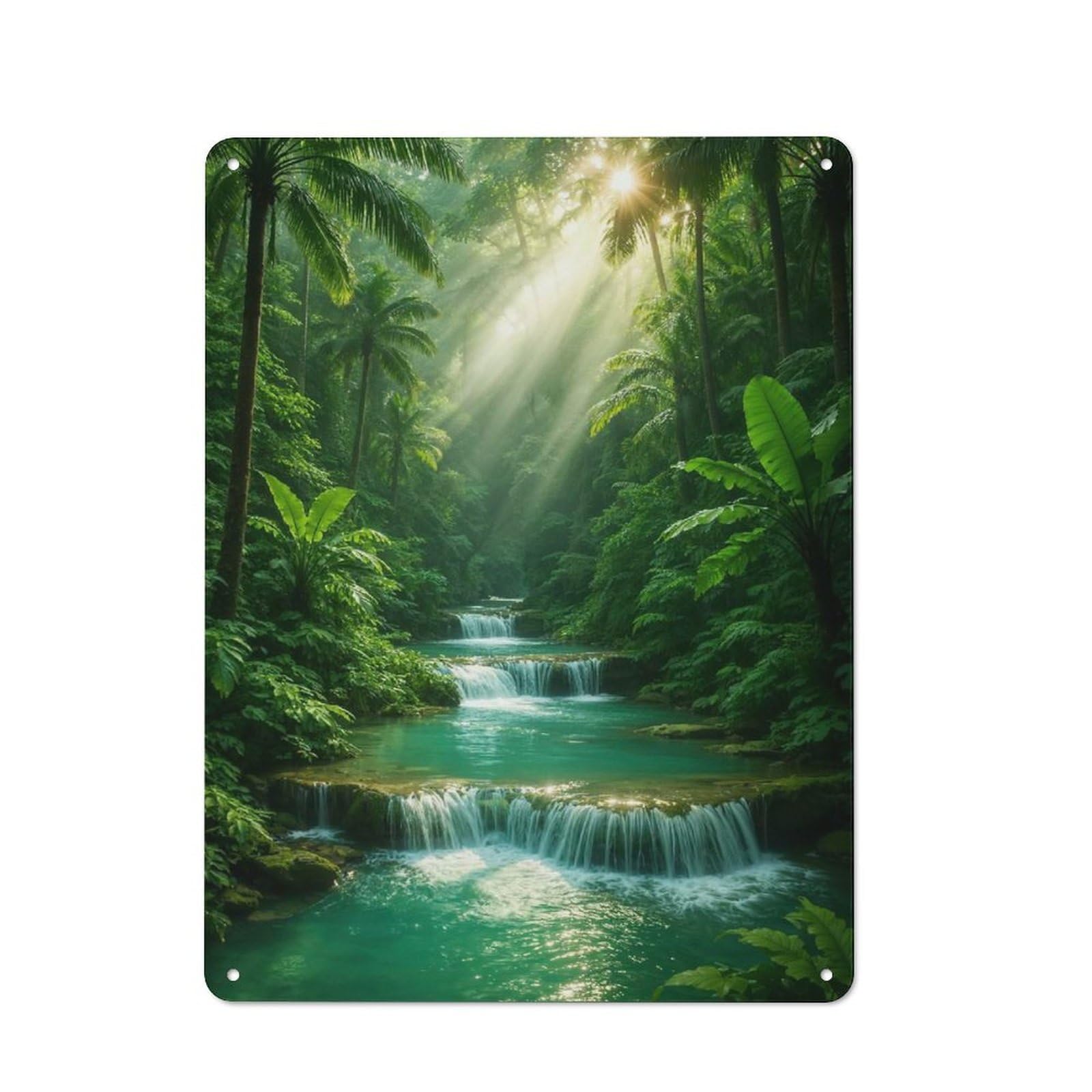 Metal Wall Sign 40x30cm Featuring Tropical Waterfall in Lush Green Forest for Garage Or Workshop, for Vintage Wall Decor Fans, for Metal Sign Collectors