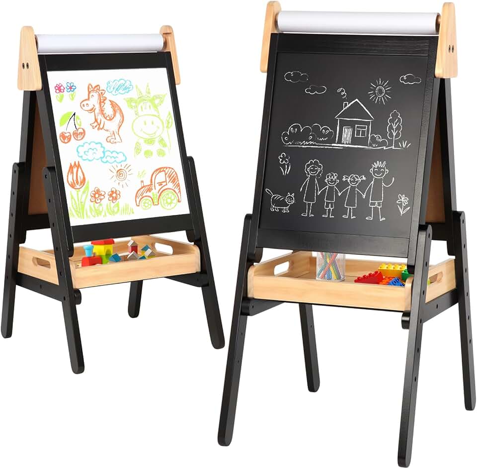 3 in 1 Easel for Little Kids with Wood Tray, Double Sided Wooden Easel with Paper Roll, Magnetic Chalkboard & White Board Height Adjustable Painting Standing for Toddlers Childrens 2-5