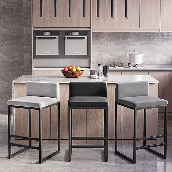 Bar Stools with Back for Kitchen Counter, Modern Velvet Upholstered Barstools, Faux Leather Farmhouse Bar Chairs, Seat Height 55cm, Support 440LBS, White