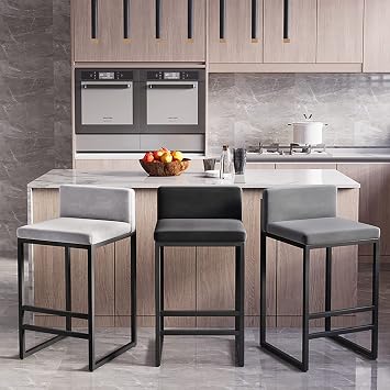 Bar Stools with Back for Kitchen Counter, Modern Velvet Upholstered Barstools, Faux Leather Farmhouse Bar Chairs, Seat Height 55cm, Support 440LBS, White