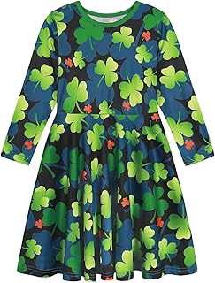 Toddler Girl St Patricks Day Outfit Kids Long Sleeve Printed Swing Dresses Shamrock Clover Casual Dress Clothes