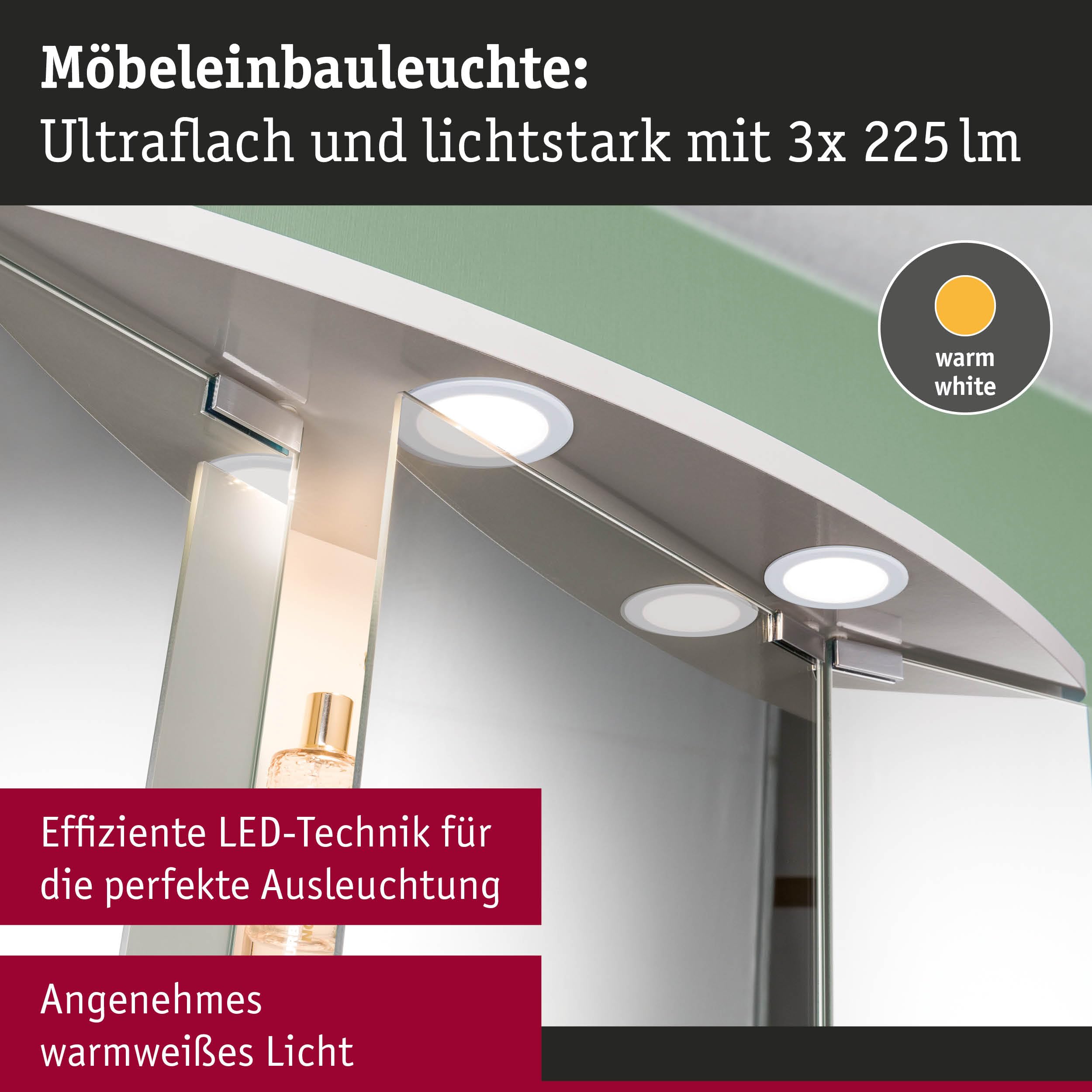 Paulmann 93115 LED Möbeleinbauleuchten 3er-Set 65mm 3x2,5W 3x180lm 230/12V 3000K Weiß