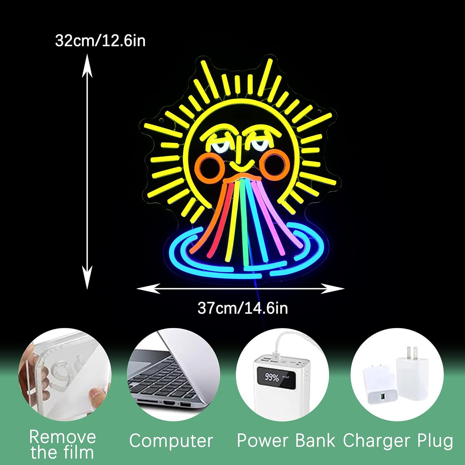 Sun Rainbow Neon Sign for Wall Decor Sun Neon Light Sunrise Light Up Sign Rainbow Led Neon Light for Bedroom Gallery Pub Party Club (14.56 * 12.59 In)