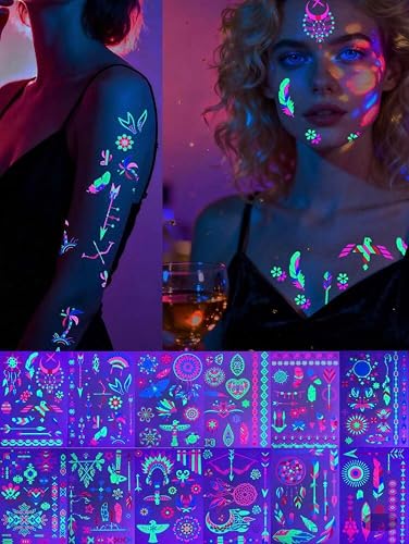 Neon Temporary Tattoos, UV Luminous Body Art Stickers, Multicolour, Boho Theme, 12 Sheets, for Festivals and Parties