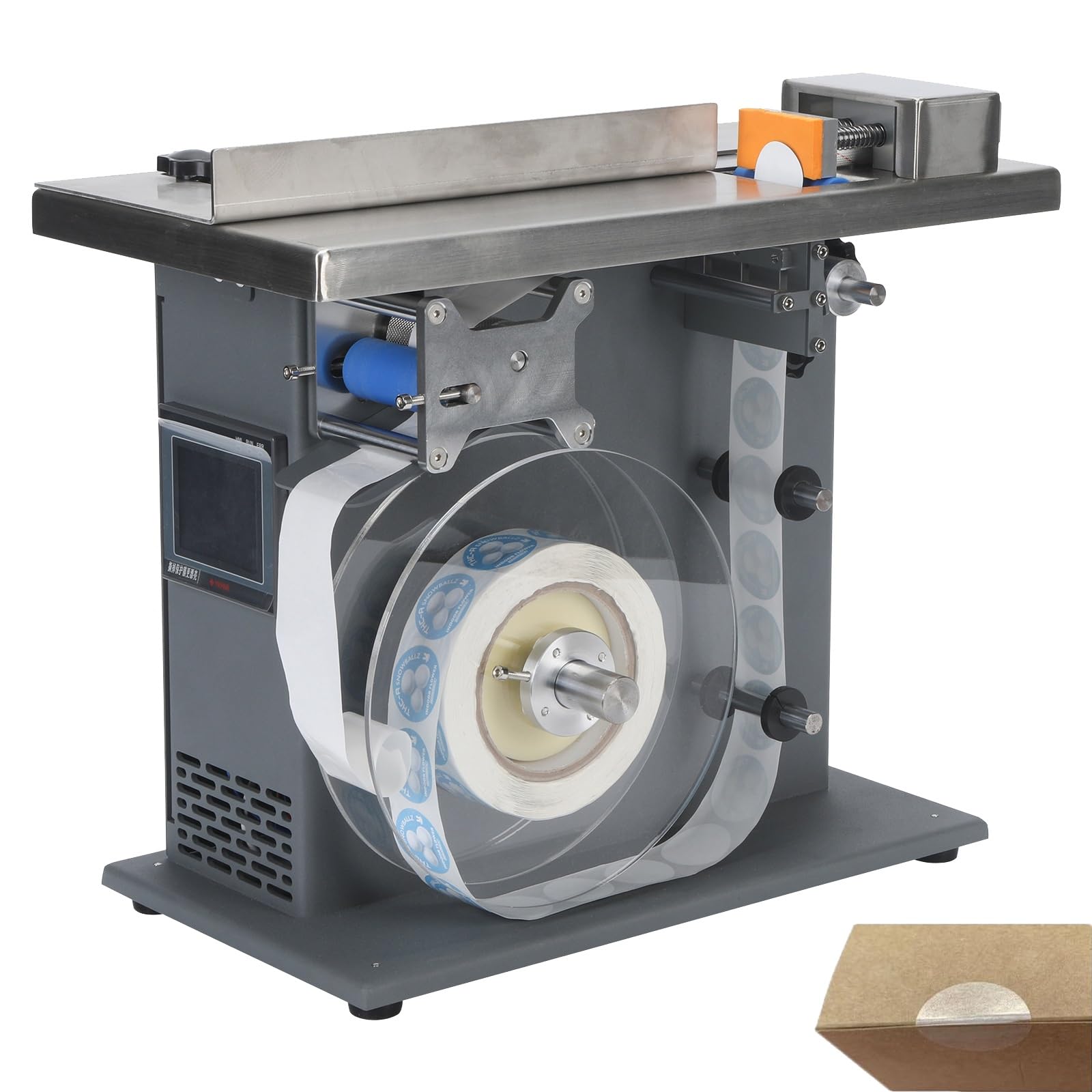 Etichettatrice, applicatore automatico ad angolo retto con regolazione della lunghezza per applicazioni di stampa, alimenti ed elettronica