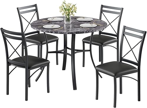 Miniatura 8 de VECELO Juego de mesa de comedor de 5 piezas para 4 personas con sillas, mesa de mármol sintético, espacio pequeño, cocina, rincón de desayuno, color