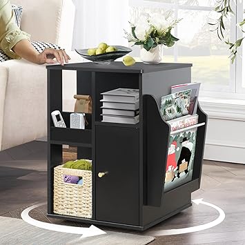 TooCust Rotating End Table with Storage, Square Rotating Side Table Living Room, Side Table with Magazine Holder, Basket and Cabinet, Swivel End Table with Multiple Storage Black