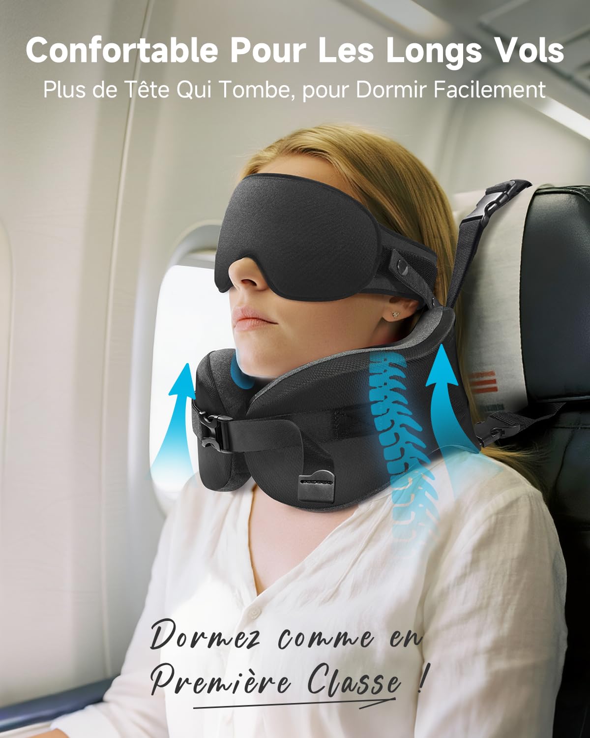 Umisleep Coussin de Voyage Mémoire pour Avion Support 360° Tête Cou, Noir | Coussin Cervical avec Masque 3D pour Longs Vols, Coussin Anti-Basculement pour Avion, Voiture et Train