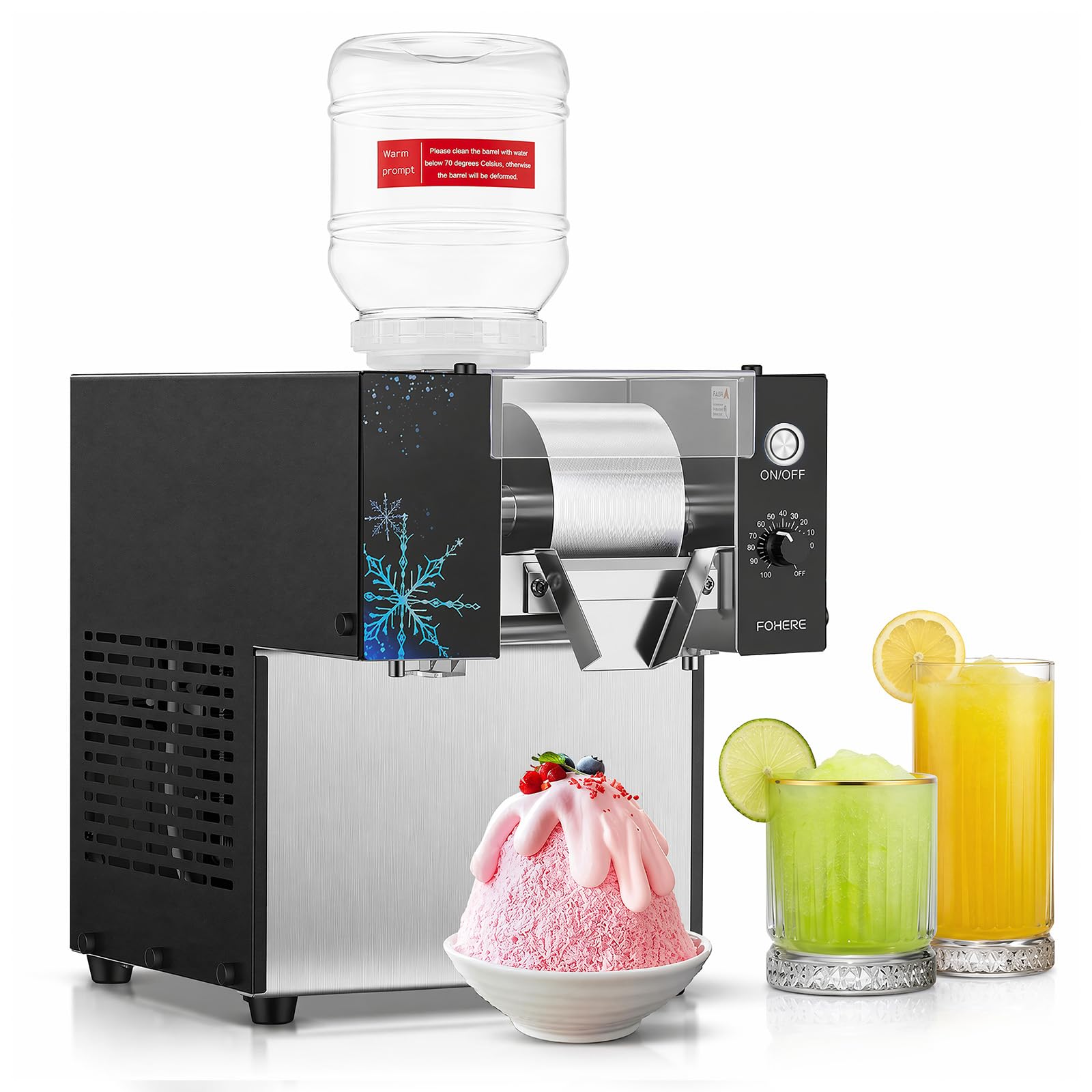 FOHERE Gewerbliche Schnee-Eismaschine 80kg/24h Edelstahl Bingsu Maschine mit Selbstreinigungsfunktion Kompressor Geschwindigkeitsregler