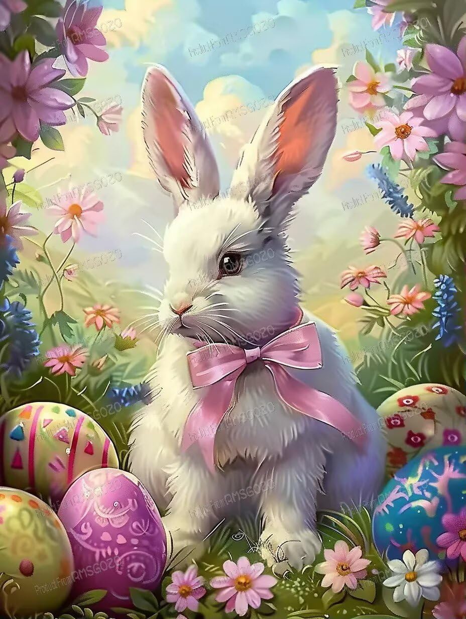 RMSGOZO 5D Garden White Rabbit Diamond Art Kits, Chic Crystal Full