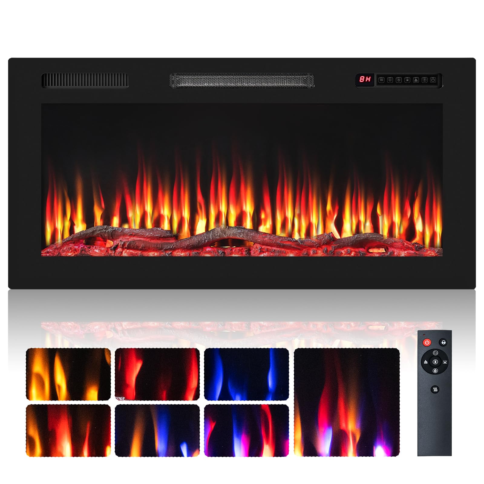 COSTWAY 36"/91cm Electric Fireplace, Wall Mounted/Recessed/Freestanding Fire Heater with Sleep Mode, 7 Flame & 12 Ember Bed Colors, 5 Brightness, Remote Control, 8H Timer, Child Lock, 750W/1500W