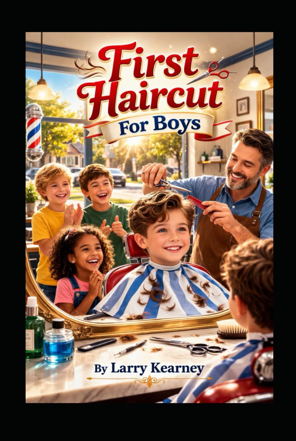 First Haircut For Boys: A child faces his first haircut with friends and gentle helpers, learning change can feel safe and fun today at last.