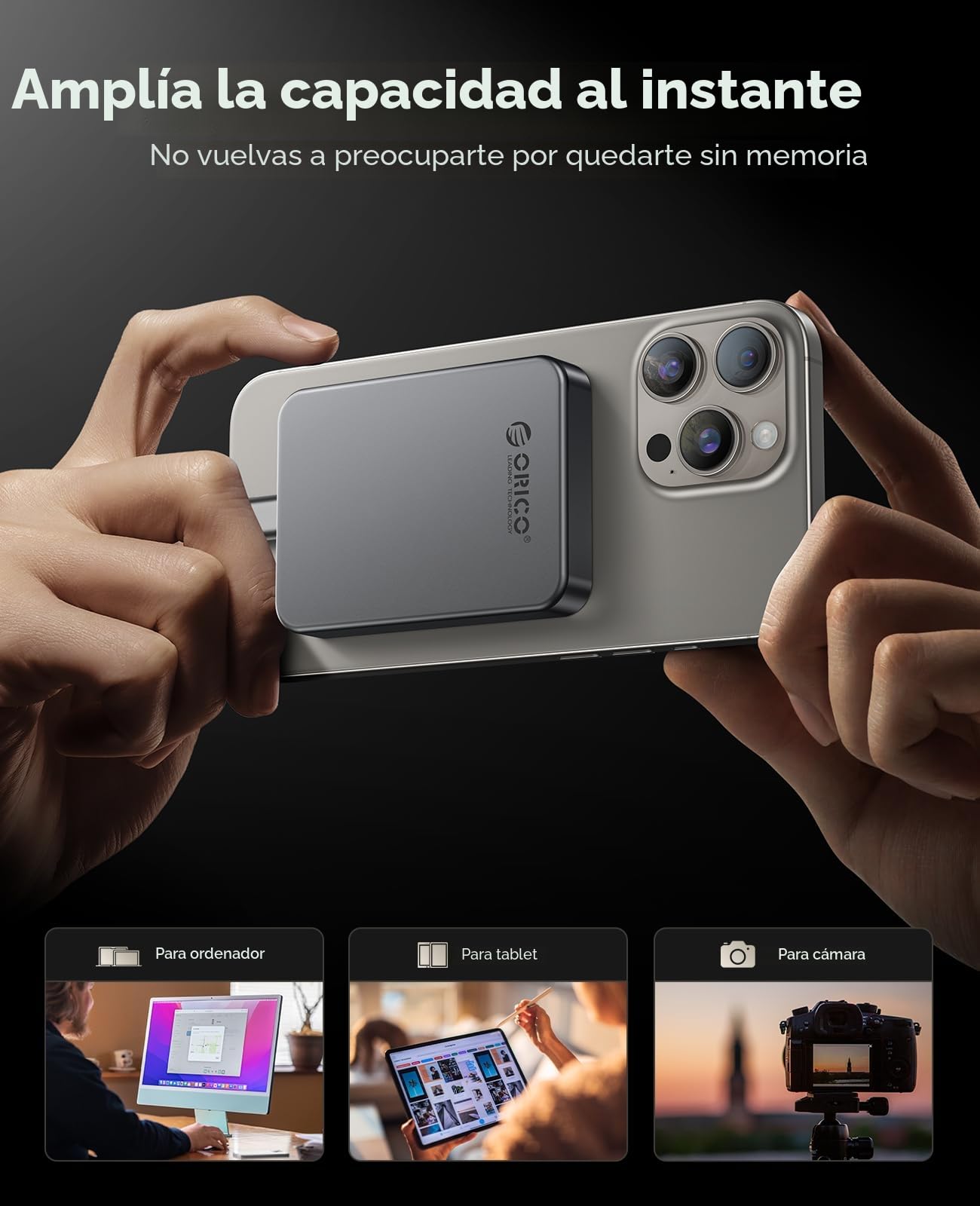 ORICO 1 TB SSD Magnético Portátil, 4K 120 fps ProRes HDR Graba y Almacena, USB3.2 Gen1 hasta 460MB/s, USB C&A 2 en 1 Cable, SSD Externo Compatible con iPhone 16/15 Pro MAX, Tablet, Ordenador - K5PLUS