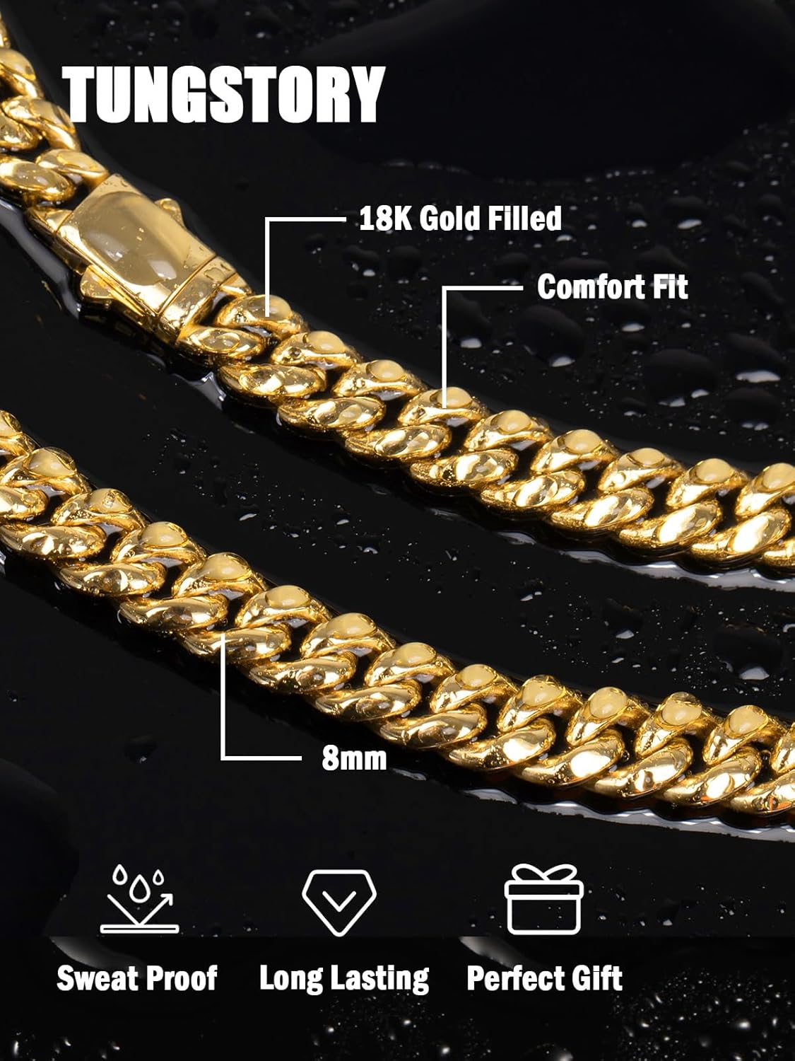 TUNGSTORY 18K Gold Filled Cuban Link Chain for Men - 8mm 316L Stainless Steel Chain Necklace with Easy-On Box Clasp, Miami Cuban Chain Non-Tarnish Hypoallergenic, Gift for Men, 20-24 Inches - Image 4