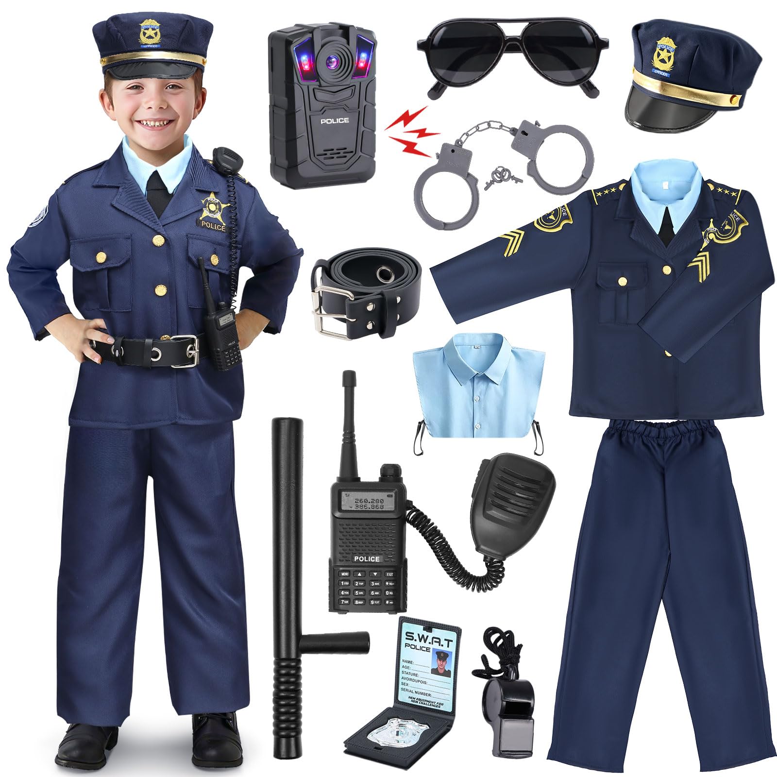G.C Kids Police Costume Boys Cop Costumes with Shoulder Light Recorder Girls Police Officer Gear Halloween Career Day Gifts