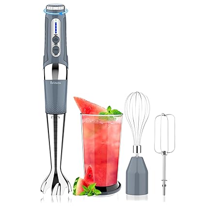 Cordless Immersion Blender: 3-in-1 Rechargeable Cordless Hand Blender, 21-Speed & 3-Angle Adjustable with Chopper, Beaker, Whisk, Beater for Milkshakes | Smoothies | Soup Baby Food (Grey)