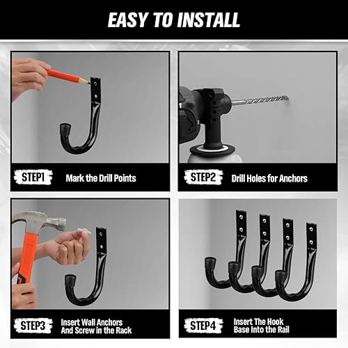 Miniatura 6 de Ganchos de almacenamiento de garaje resistentes, 6 ganchos de bicicleta para pared de garaje, ganchos de garaje utilitarios, gancho en J de montaje