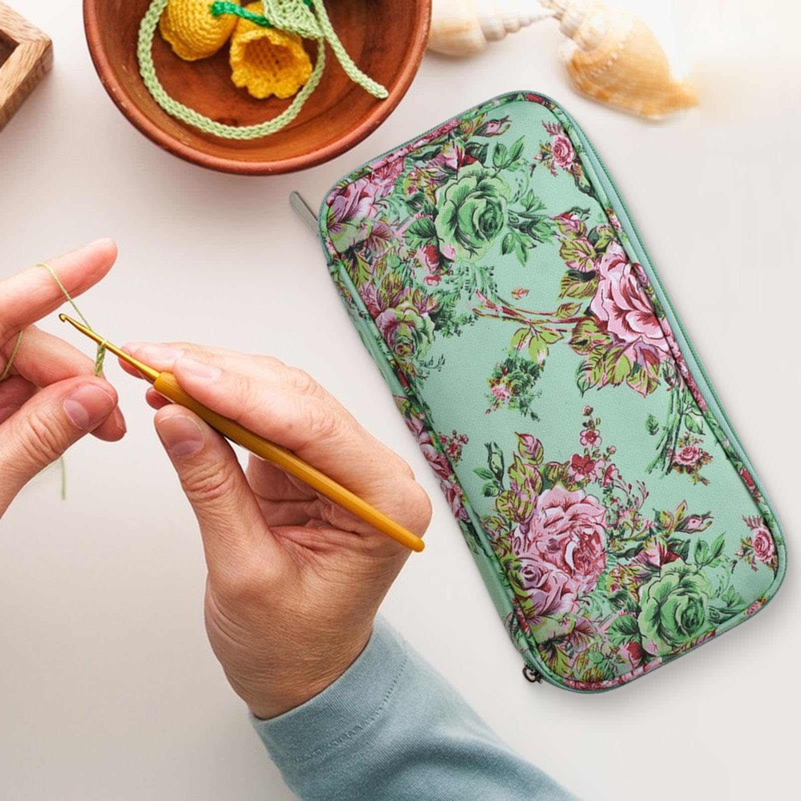 Estuche para Ganchos de Porta Agujas de Tejer Organizador Cremallera Doble Capa Portátil Material Oxford Bolsillos Adecuado para Viaje, Verde, Individual