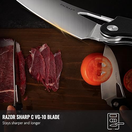 Miniatura 10 de TACRAY Cuchillo de chef plegable de cocina, cuchillo de camping plegable con hoja de acero inoxidable VG10, mango G10 de diseño ergonómico y
