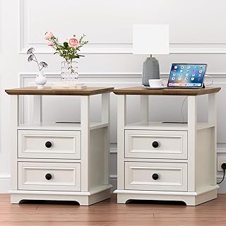 18" Wide End Table with Fast Charging Station Set of 2, 18” Wide Sofa End Table with Drawers,Storage Rustic Wood Storage Cabinet,Sofa Table for Living Room,White