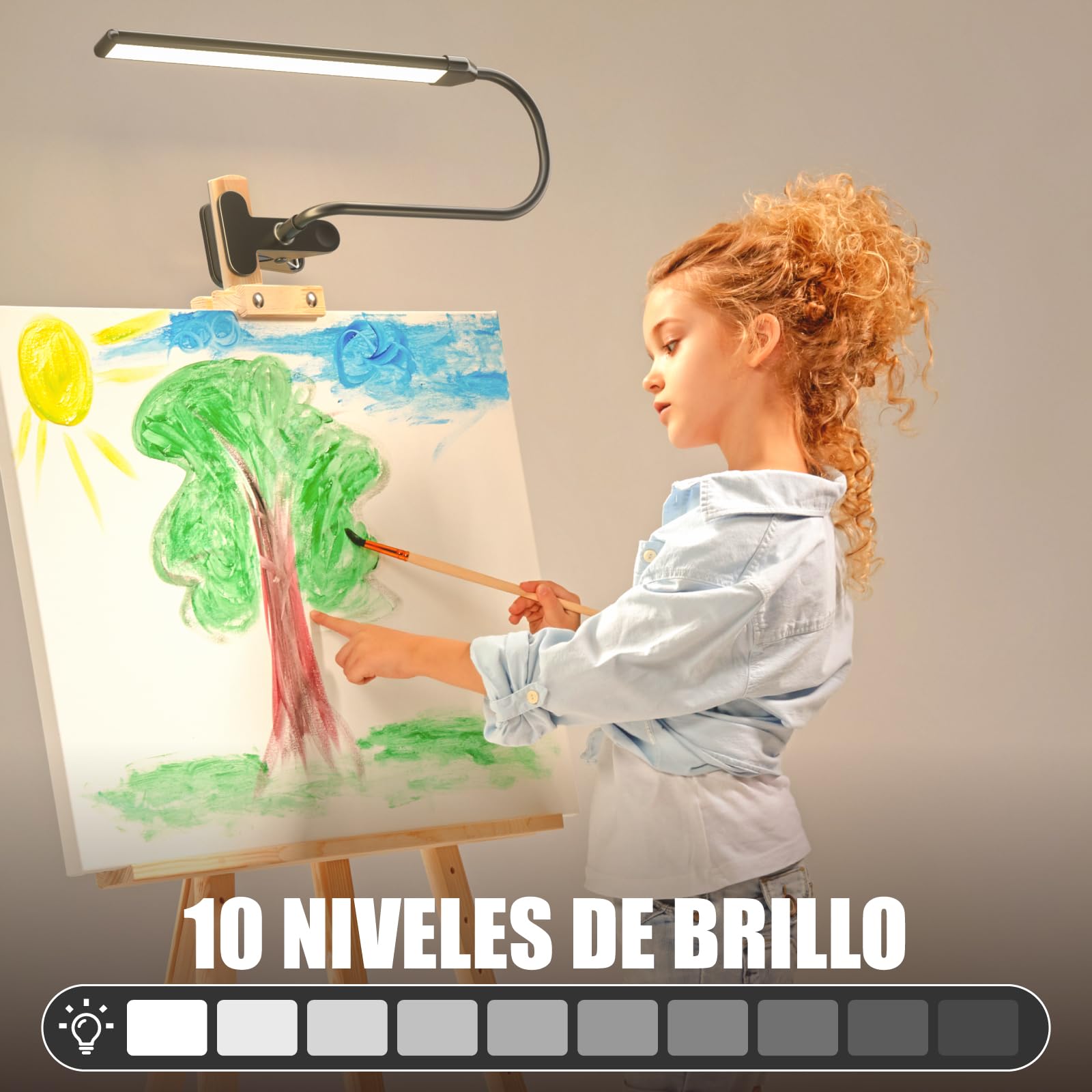 Lámpara LED de caballete con clip para artistas, 3 modos de color, 10 niveles regulables, luz de lectura de 300 lm para el cuidado de los ojos para pintar, dibujar con brazo flexible
