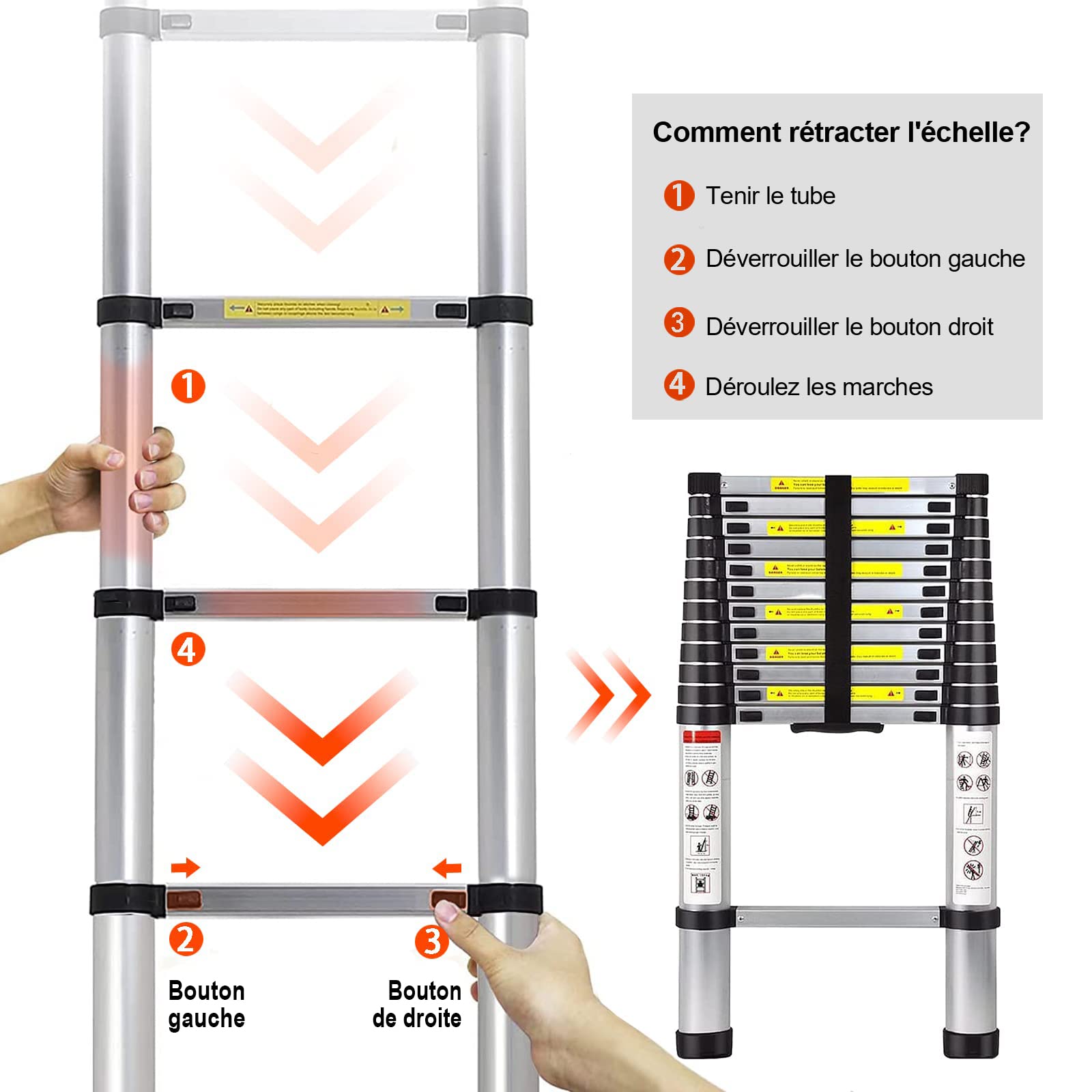 Échelle télescopique en Aluminium, 5 m, Pliable, Multifonction, escabeau Extensible, Charge maximale : 150 kg, argenté