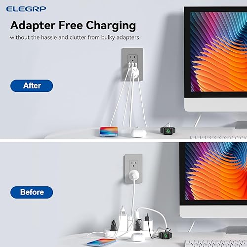 Miniatura 6 de ELEGRP Tomacorrientes USB, toma de pared de 3 puertos, toma eléctrica de 30 W 6.0 A, toma de corriente resistente a manipulaciones de 15 amperios