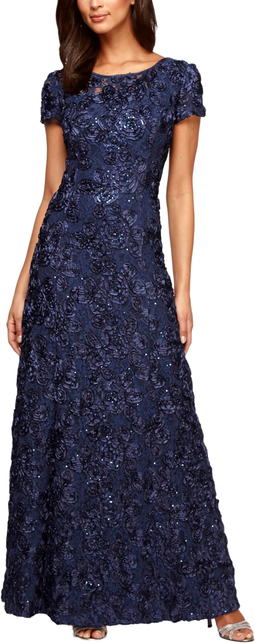 Women's Long Rosette Mother of The Bride Dress with Short Sleeves