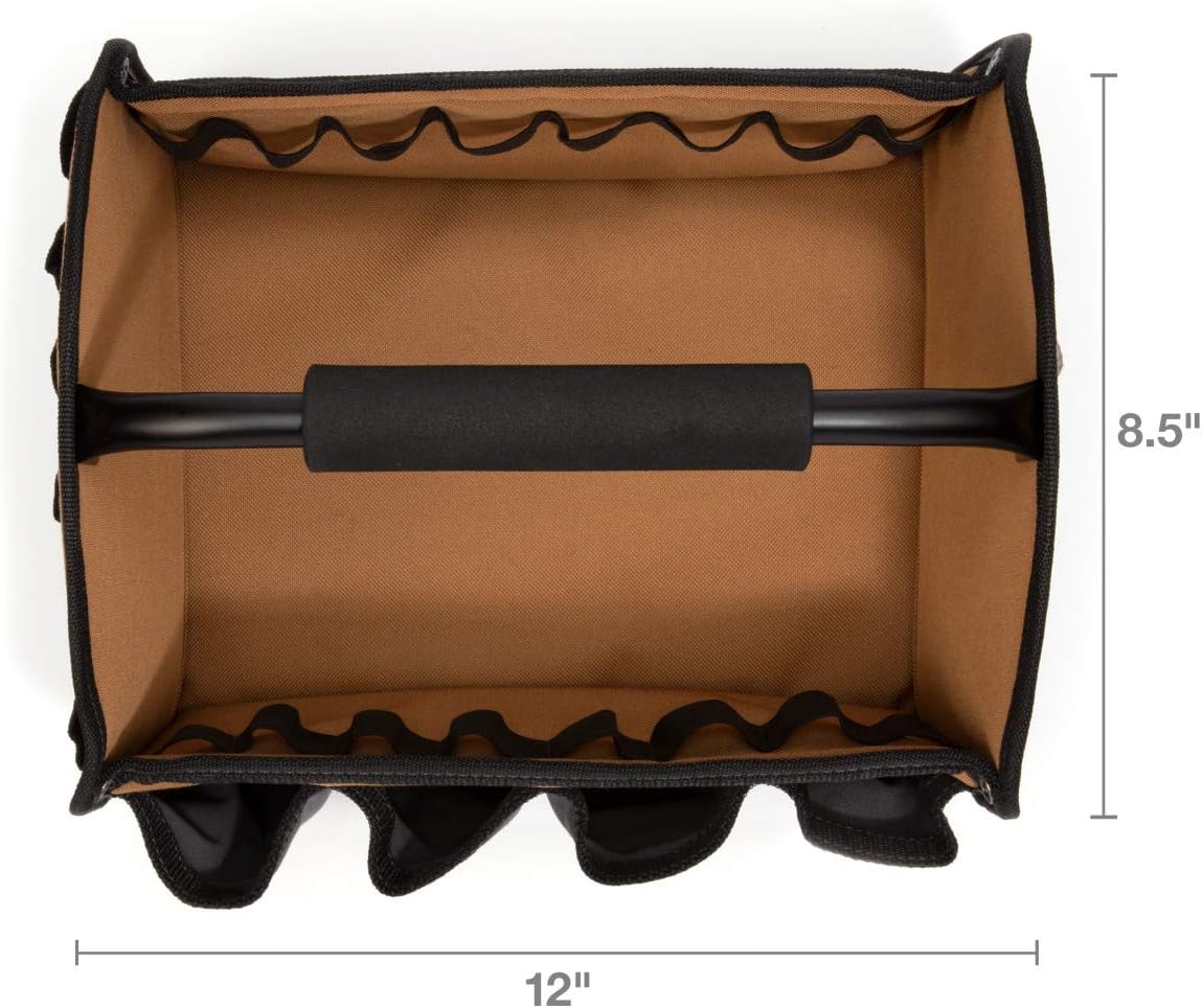 Dickies 12-Inch Durable Canvas Tool Tote Bag Organizer, 12 Exterior Pockets, 16 Tool Loops, Grey/Tan